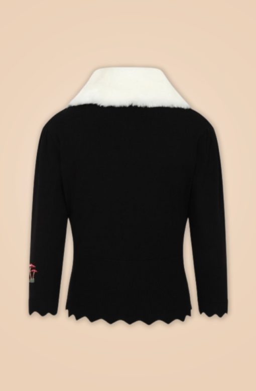 cardigan retro vintage 50s fifties années 50 fausse fourrure blanche noir manche 3/4 trois quart broderie lapin champignon banned