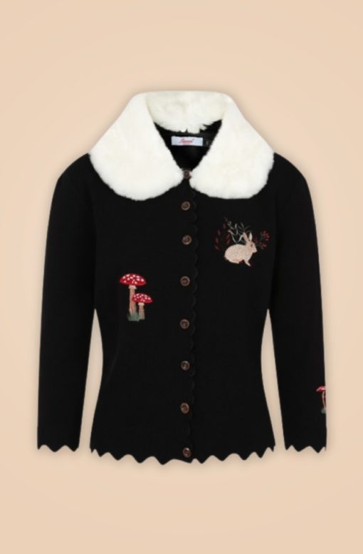 cardigan retro vintage 50s fifties années 50 fausse fourrure blanche noir manche 3/4 trois quart broderie lapin champignon banned