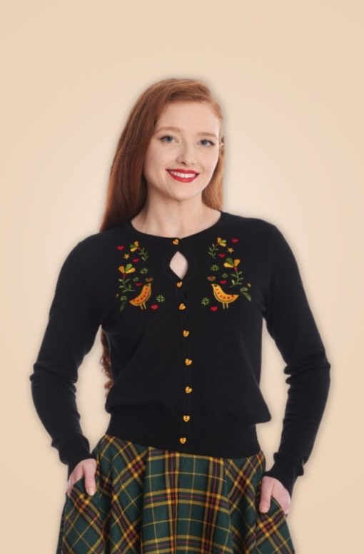 cardigan retro vintage broderie oiseau feuilles plante noir jaune vert rouge bouton coeur col rond manche longue usa america british anglais banned fifties années 50 50s