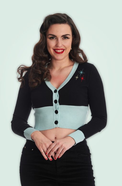 cardigan court vintage retro décolleté v broderie etoile dos manche longue noir bleu ciel usa america british anglais banned fifties années 50 50s