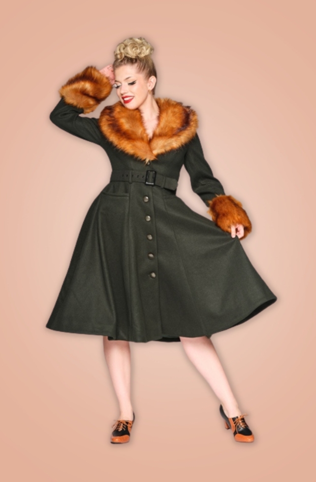 Manteau swing années 50, vert, col fausse fourrure fauve, Collectif