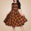 robe vintage retro bretelles bouton swing evasée cercle trapèze large cintré mi longue midi 50s fifties années 50 halloween automne tartan orange noir automnale collectif clothing