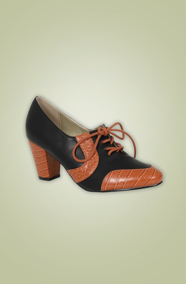 chaussure derby talon lacet vintage retro noir cognac simili cuir croco années 50 40 fourties fifties 50s 40s collectif clothing
