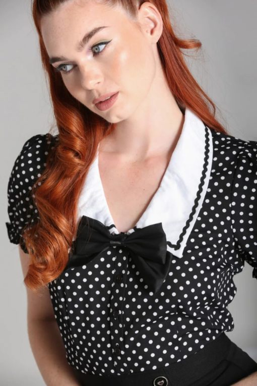 Blouse manches bouffantes, années 50, noire a pois blancs