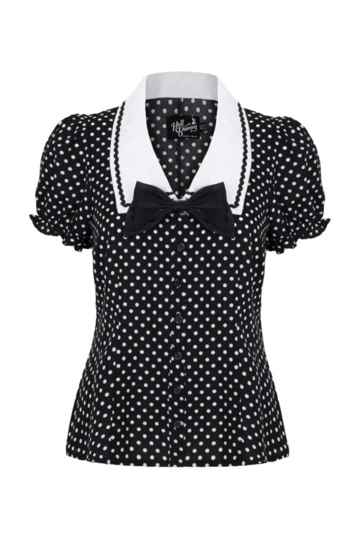 Blouse style rétro, noire à pois et col blancs, Hell Bunny – Image 3