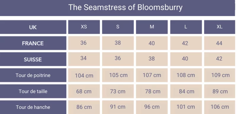Tableau des taille The Seamstress of Blomsburry de XS à XL