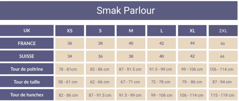 Tableau des tailles Smak Parlour de XS à 2XL