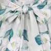 Robe swing, style retro 50s, grise imprimee fleurs roses et blanches-feuilles vertes, sans manches-noeux