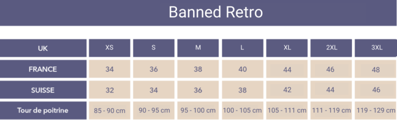 Tableau des tailles Banned Retro de XS à 3XL uniquement la poitrine
