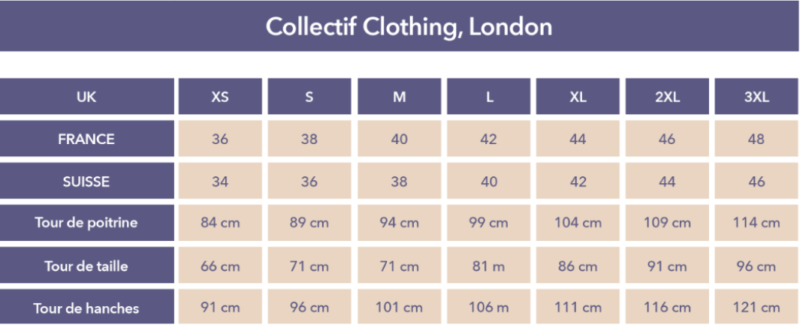 Tableau des tailles Collectif Clothing jusqu'à la taille 3XL