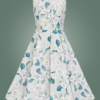 robe-swing-style-retro-50s-grise imprimee-fleurs-blanches-roses-col-chemisier-derriere