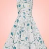 robe-swing-style-retro-50s-grise imprimee-fleurs-blanches-roses-col-chemisier-devant