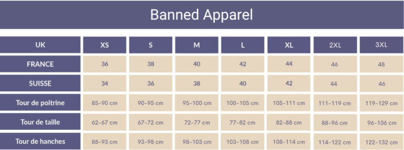Tableau des tailles Banned Apparel XS à 3XL