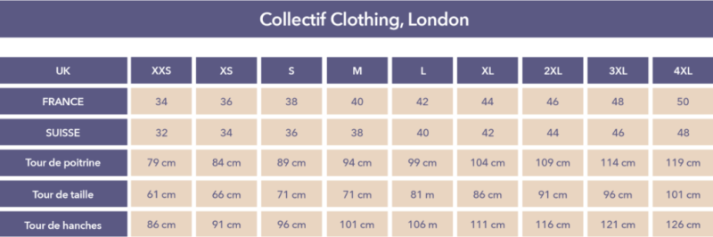 Tableau des tailles Collectif London de XXS à 4XL